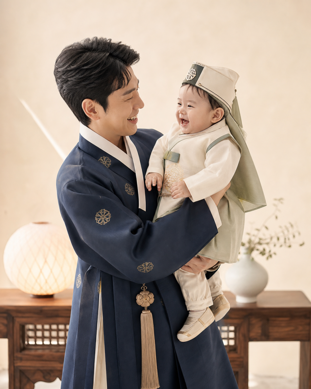 부산 돌복 대여 - 아기를 안은 아빠 한복과 아기 돌복 코디