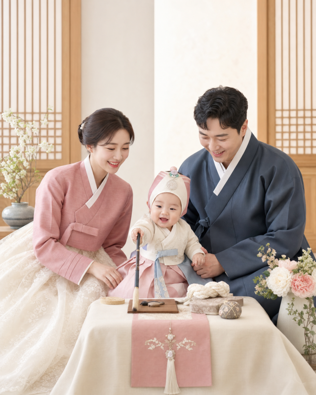 부산 돌복 대여 - 엄마·아빠·아기가 함께 입은 돌잔치 가족 한복 세트