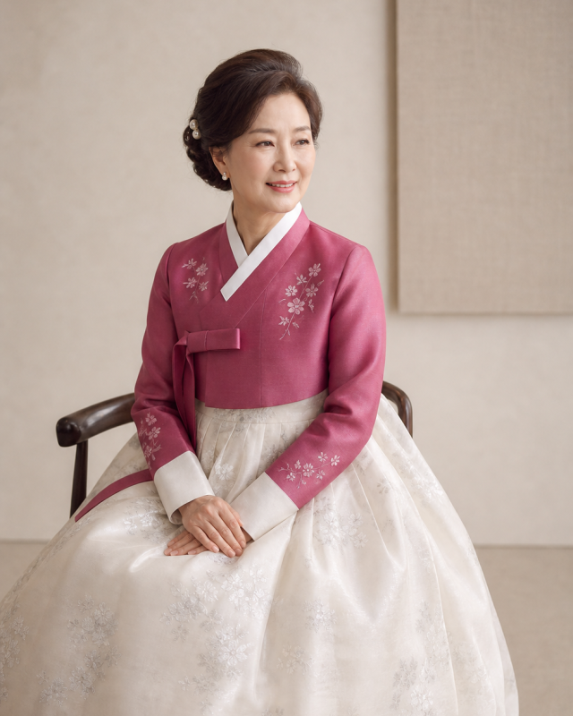부산 혼주한복 대여 - 진분홍 꽃자수 저고리에 아이보리 치마 어머니 혼주한복