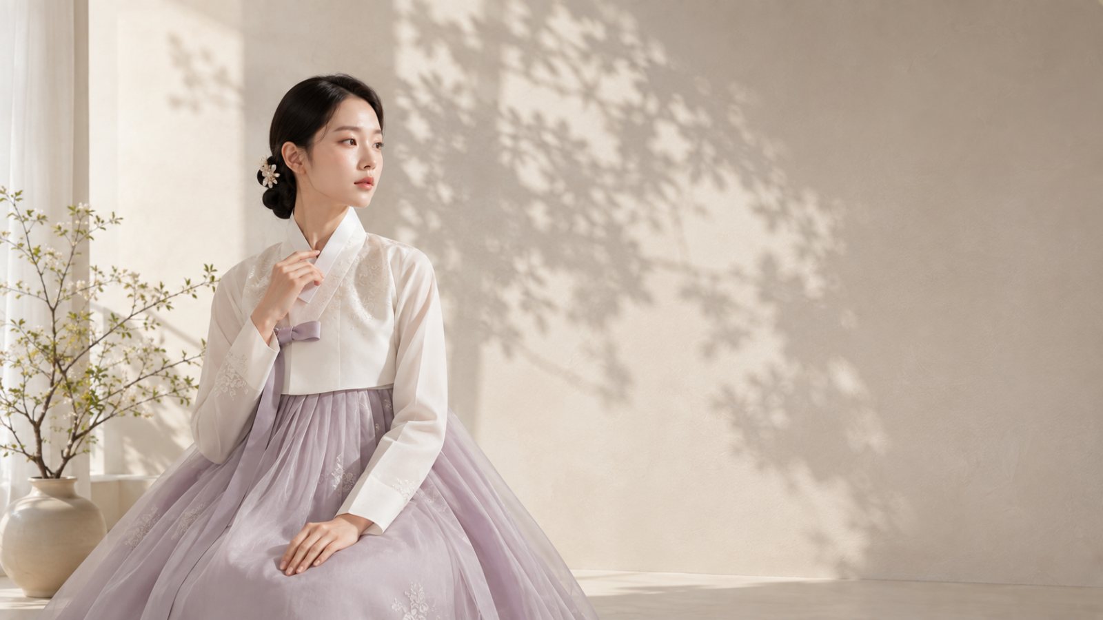 부산 한복대여 - 연보라 한복을 입고 봄볕 나뭇잎 그림자 아래 앉은 단아한 여성
